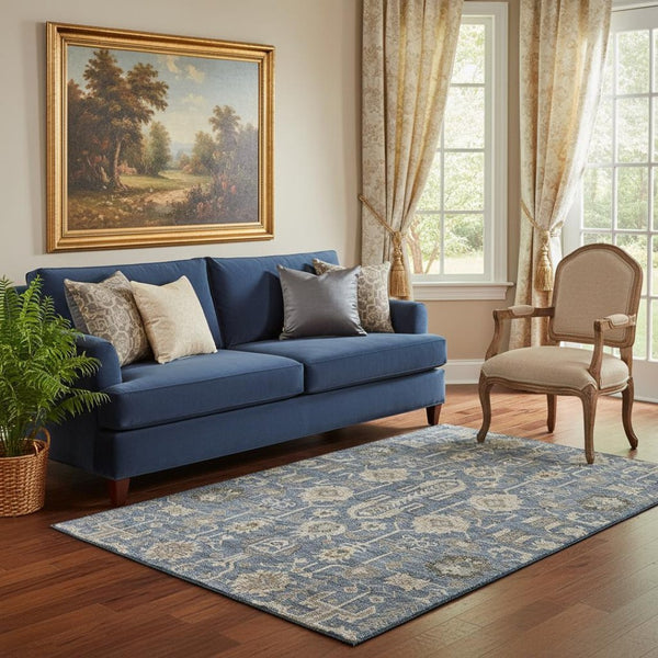 HomeRoots 5' X 8' Washable Navy Blue and Beige Oriental Area Rug with UV Protection for Modern Homes 656647