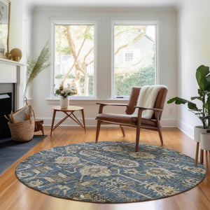 HomeRoots 8' Navy Blue, Beige & Charcoal Oriental Round Rug - Washable, UV Protected & Stain Resistant Design 656648