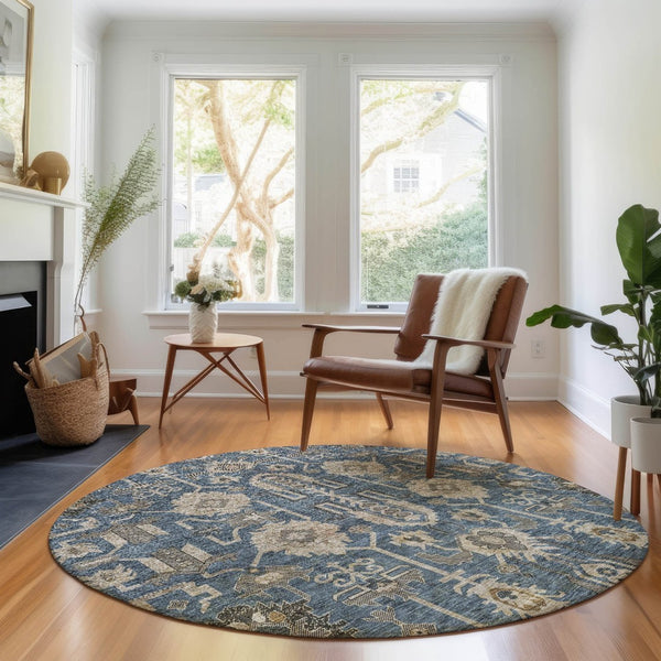HomeRoots 8' Navy Blue, Beige & Charcoal Oriental Round Rug - Washable, UV Protected & Stain Resistant Design 656648