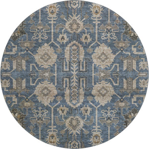 HomeRoots 8' Navy Blue, Beige & Charcoal Oriental Round Rug - Washable, UV Protected & Stain Resistant Design 656648