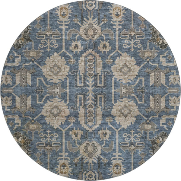 HomeRoots 8' Navy Blue, Beige & Charcoal Oriental Round Rug - Washable, UV Protected & Stain Resistant Design 656648
