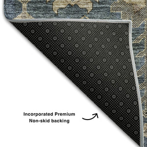 HomeRoots 8' Navy Blue, Beige & Charcoal Oriental Round Rug - Washable, UV Protected & Stain Resistant Design 656648