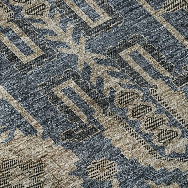 HomeRoots 8' Navy Blue, Beige & Charcoal Oriental Round Rug - Washable, UV Protected & Stain Resistant Design 656648