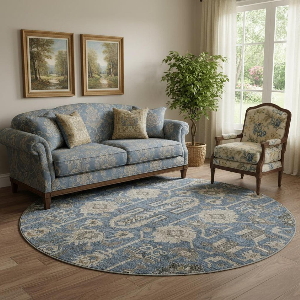 HomeRoots 8' Navy Blue, Beige & Charcoal Oriental Round Rug - Washable, UV Protected & Stain Resistant Design 656648