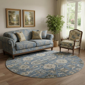HomeRoots 8' Navy Blue, Beige & Charcoal Oriental Round Rug - Washable, UV Protected & Stain Resistant Design 656648