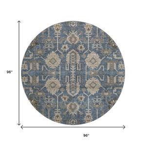 HomeRoots 8' Navy Blue, Beige & Charcoal Oriental Round Rug - Washable, UV Protected & Stain Resistant Design 656648