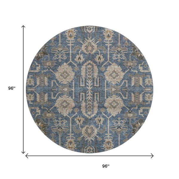 HomeRoots 8' Navy Blue, Beige & Charcoal Oriental Round Rug - Washable, UV Protected & Stain Resistant Design 656648
