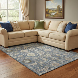 HomeRoots 8' X 10' Navy Blue Beige Charcoal Washable Area Rug - Durable, Stylish, UV Protected for Homes! 656649