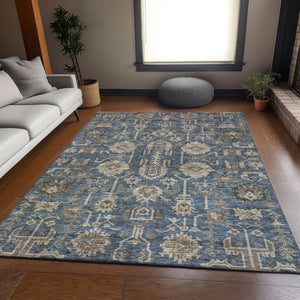 HomeRoots 8' X 10' Navy Blue Beige Charcoal Washable Area Rug - Durable, Stylish, UV Protected for Homes! 656649