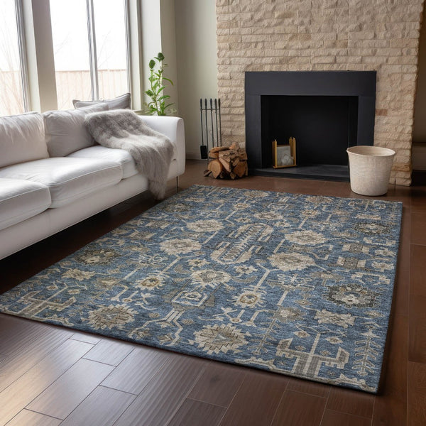 HomeRoots 8' X 10' Navy Blue Beige Charcoal Washable Area Rug - Durable, Stylish, UV Protected for Homes! 656649
