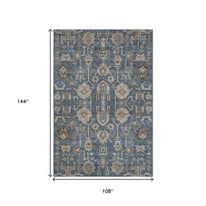 HomeRoots 9' X 12' Washable Navy Blue, Beige & Charcoal Oriental Area Rug with UV Protection for High Traffic Homes 656650