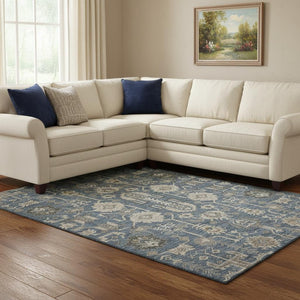 HomeRoots 9' X 12' Washable Navy Blue, Beige & Charcoal Oriental Area Rug with UV Protection for High Traffic Homes 656650