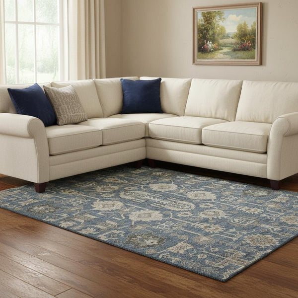 HomeRoots 9' X 12' Washable Navy Blue, Beige & Charcoal Oriental Area Rug with UV Protection for High Traffic Homes 656650