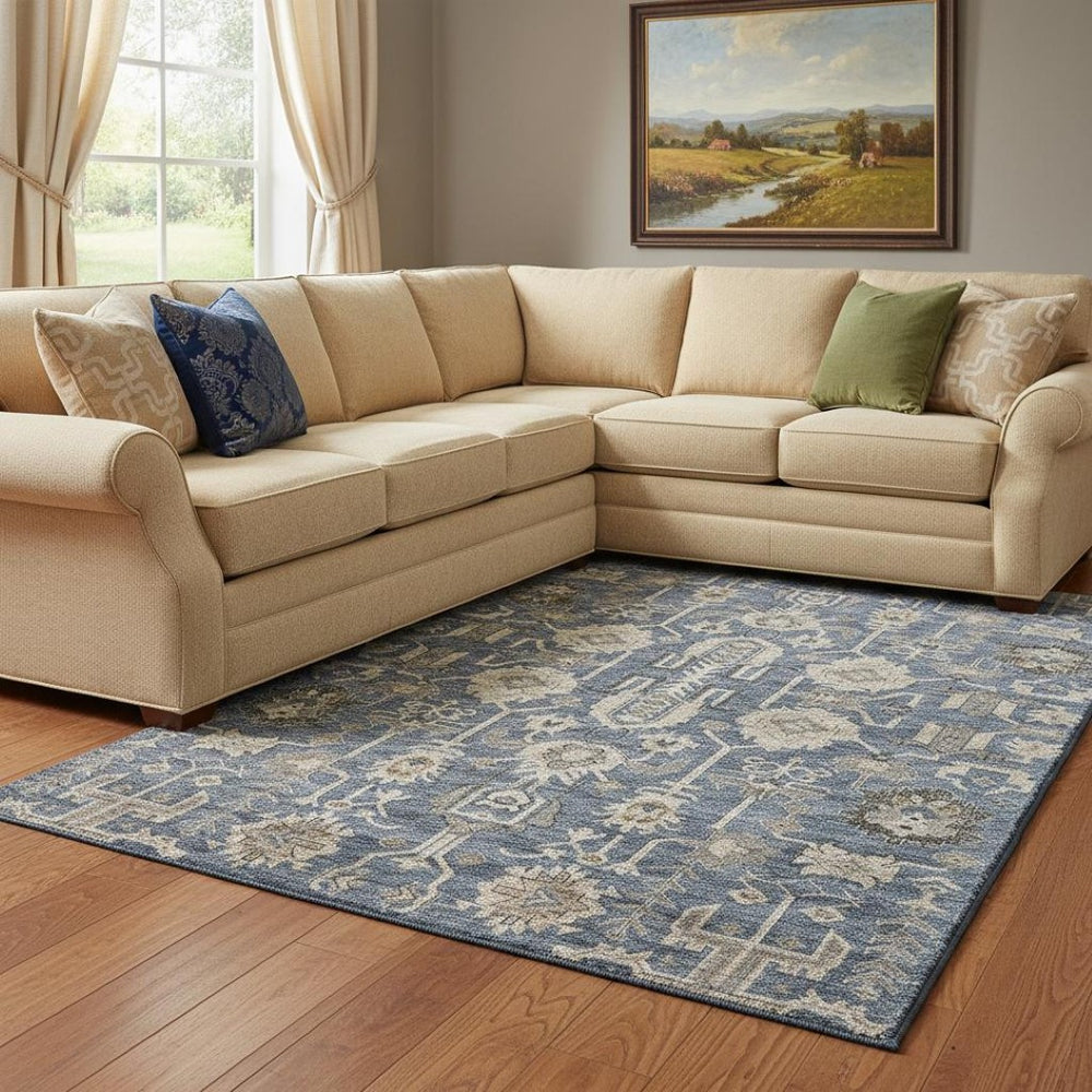 HomeRoots 10' X 14' Washable Navy Blue Beige Charcoal Oriental Area Rug with Stain Resistance & UV Protection 656651