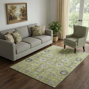 HomeRoots 5' Olive Green Gray Charcoal Oriental Area Rug - Washable, Stain Resistant & UV Protected Design 656653