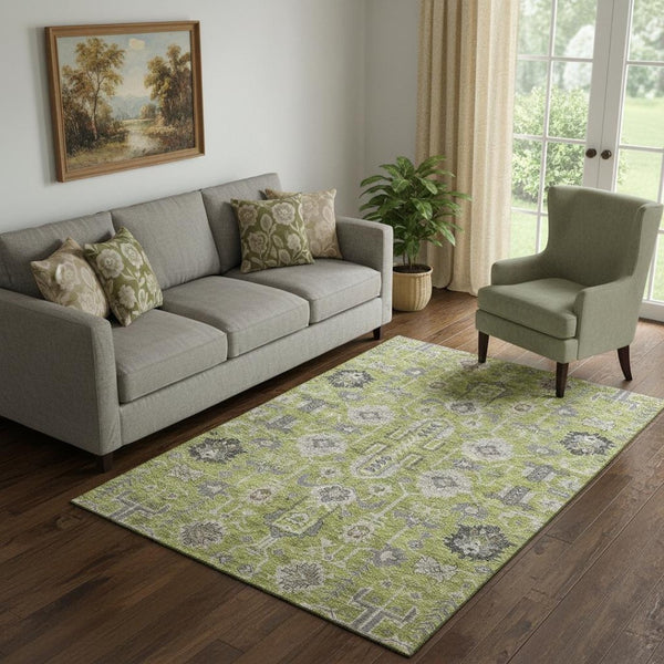 HomeRoots 5' Olive Green Gray Charcoal Oriental Area Rug - Washable, Stain Resistant & UV Protected Design 656653
