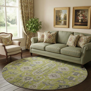 HomeRoots 8' Washable Round Olive Green and Gray Oriental Rug with UV Protection for Modern Homes & Style 656654
