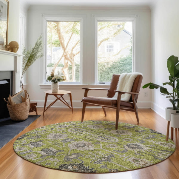 HomeRoots 8' Washable Round Olive Green and Gray Oriental Rug with UV Protection for Modern Homes & Style 656654
