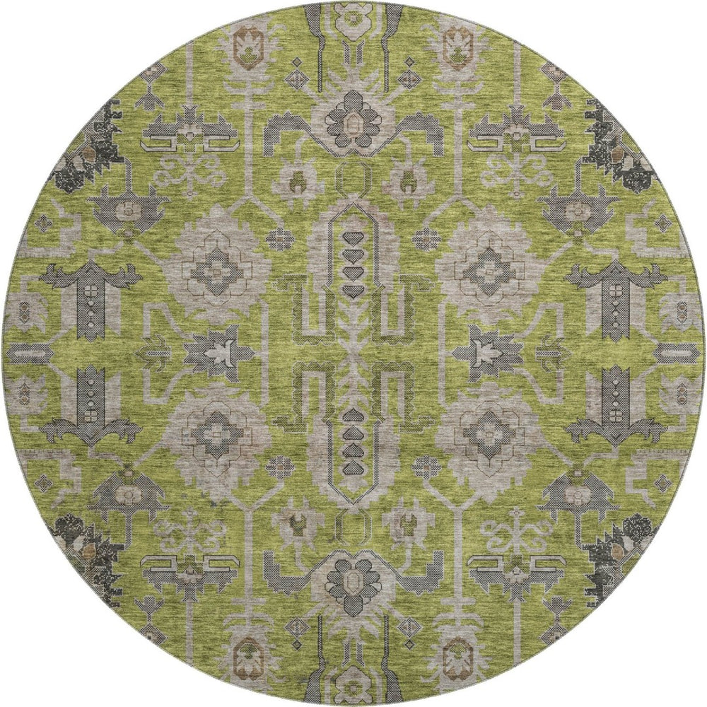 HomeRoots 8' Washable Round Olive Green and Gray Oriental Rug with UV Protection for Modern Homes & Style 656654