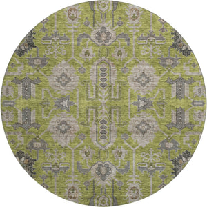 HomeRoots 8' Washable Round Olive Green and Gray Oriental Rug with UV Protection for Modern Homes & Style 656654
