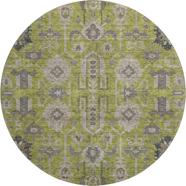 HomeRoots 8' Washable Round Olive Green and Gray Oriental Rug with UV Protection for Modern Homes & Style 656654