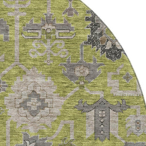 HomeRoots 8' Washable Round Olive Green and Gray Oriental Rug with UV Protection for Modern Homes & Style 656654