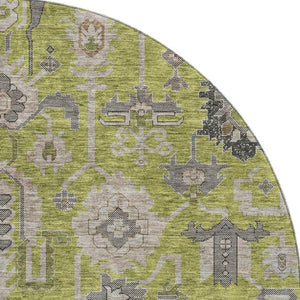 HomeRoots 8' Washable Round Olive Green and Gray Oriental Rug with UV Protection for Modern Homes & Style 656654