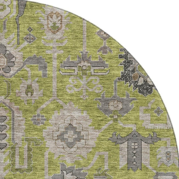 HomeRoots 8' Washable Round Olive Green and Gray Oriental Rug with UV Protection for Modern Homes & Style 656654