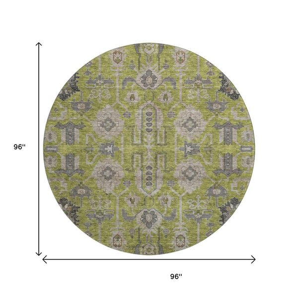 HomeRoots 8' Washable Round Olive Green and Gray Oriental Rug with UV Protection for Modern Homes & Style 656654
