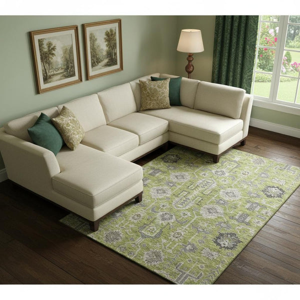 HomeRoots 8' X 10' Elegant Olive Green Gray Charcoal Area Rug - Washable, UV Protected & Stain Resistant! 656655