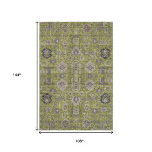 HomeRoots 9' X 12' Olive Green Gray Charcoal Oriental Area Rug - Washable, UV Protected, Durable & Stylish 656656