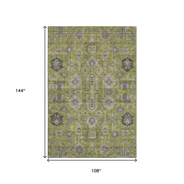 HomeRoots 9' X 12' Olive Green Gray Charcoal Oriental Area Rug - Washable, UV Protected, Durable & Stylish 656656