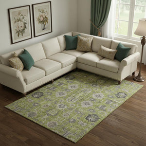 HomeRoots 9' X 12' Olive Green Gray Charcoal Oriental Area Rug - Washable, UV Protected, Durable & Stylish 656656