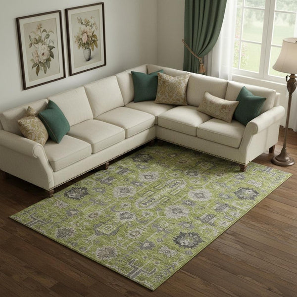 HomeRoots 9' X 12' Olive Green Gray Charcoal Oriental Area Rug - Washable, UV Protected, Durable & Stylish 656656