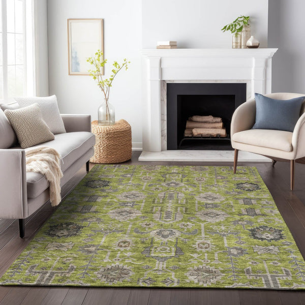 HomeRoots 9' X 12' Olive Green Gray Charcoal Oriental Area Rug - Washable, UV Protected, Durable & Stylish 656656
