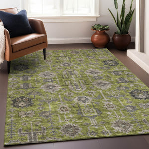 HomeRoots 9' X 12' Olive Green Gray Charcoal Oriental Area Rug - Washable, UV Protected, Durable & Stylish 656656