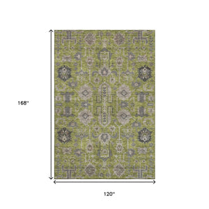 HomeRoots 10' Olive Green, Gray & Charcoal Oriental Area Rug – Washable, Stain Resistant & UV Protected Design! 656657