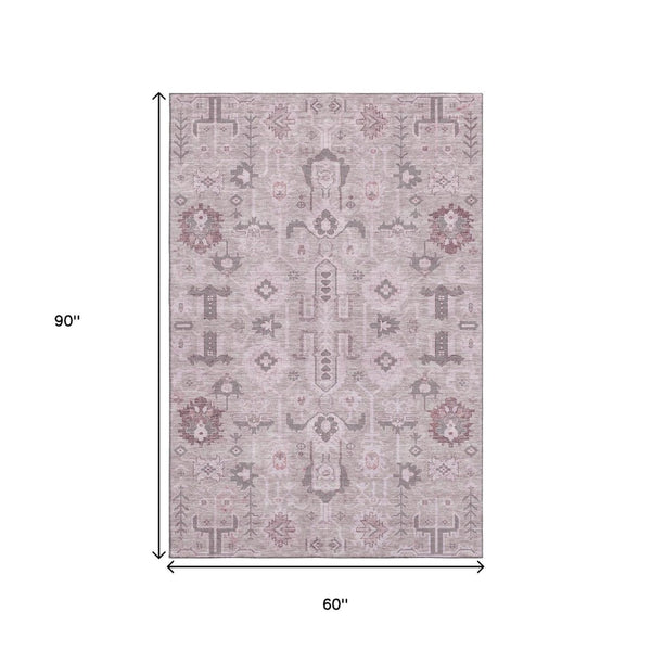 HomeRoots 5' X 8' Washable Pink Gray Beige Oriental Area Rug with UV Protection - Stylish & Durable Home Decor 656659