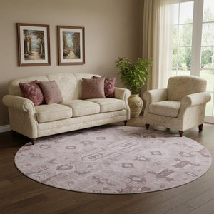 HomeRoots 8' Pink Gray Beige Oriental Round Rug - Washable, UV Protected, Stain Resistant & Durable Design 656660