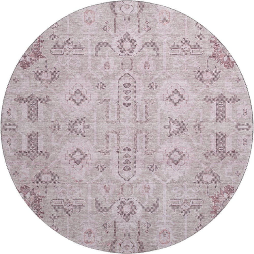 HomeRoots 8' Pink Gray Beige Oriental Round Rug - Washable, UV Protected, Stain Resistant & Durable Design 656660
