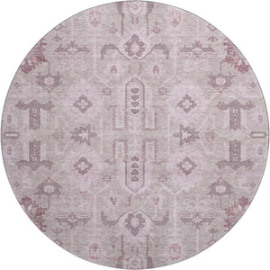 HomeRoots 8' Pink Gray Beige Oriental Round Rug - Washable, UV Protected, Stain Resistant & Durable Design 656660