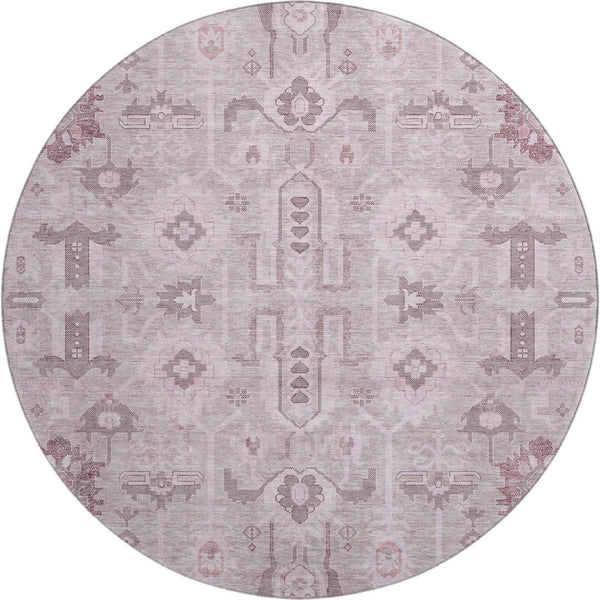 HomeRoots 8' Pink Gray Beige Oriental Round Rug - Washable, UV Protected, Stain Resistant & Durable Design 656660