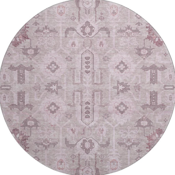 HomeRoots 8' Pink Gray Beige Oriental Round Rug - Washable, UV Protected, Stain Resistant & Durable Design 656660