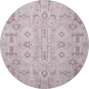 HomeRoots 8' Pink Gray Beige Oriental Round Rug - Washable, UV Protected, Stain Resistant & Durable Design 656660