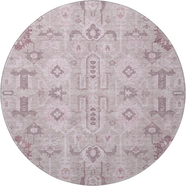 HomeRoots 8' Pink Gray Beige Oriental Round Rug - Washable, UV Protected, Stain Resistant & Durable Design 656660