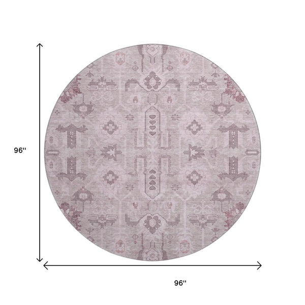 HomeRoots 8' Pink Gray Beige Oriental Round Rug - Washable, UV Protected, Stain Resistant & Durable Design 656660