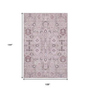 HomeRoots 9' X 12' Washable Pink, Gray & Beige Oriental Area Rug with UV Protection for Family-Friendly Spaces 656662