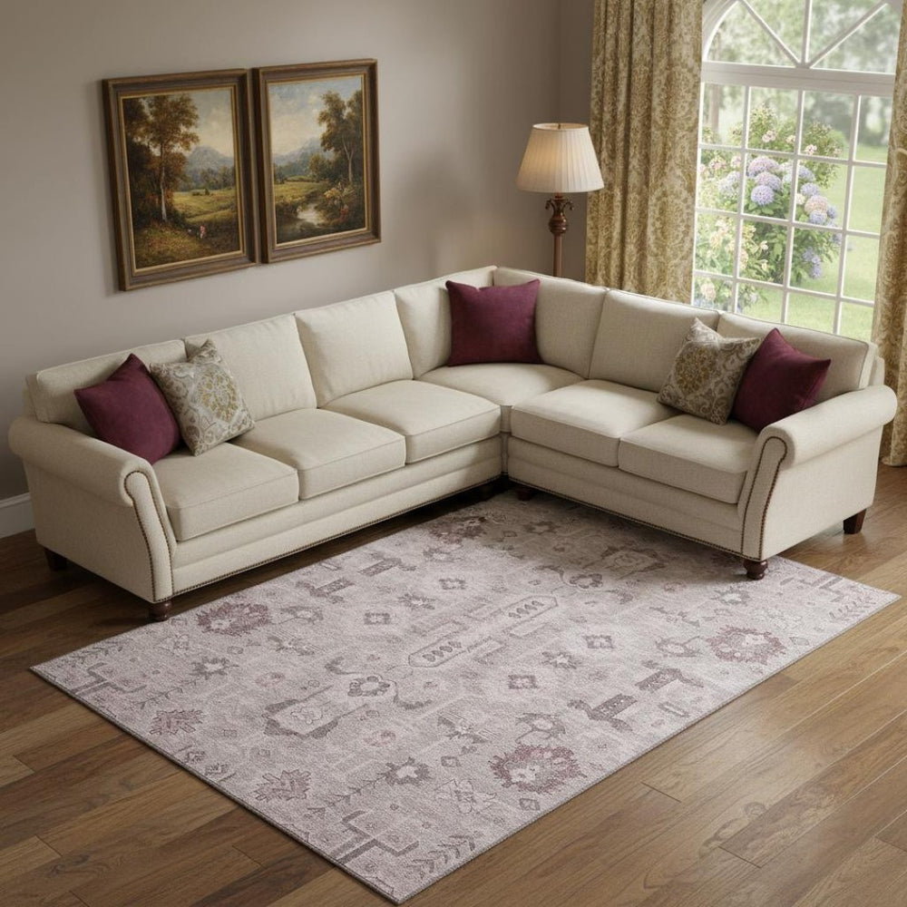 HomeRoots 9' X 12' Washable Pink, Gray & Beige Oriental Area Rug with UV Protection for Family-Friendly Spaces 656662