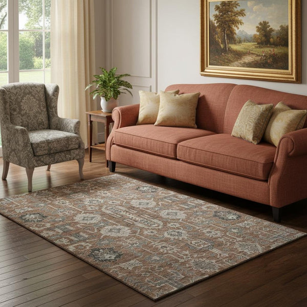 HomeRoots 5' X 8' Rust Gray & Charcoal Oriental Area Rug - Durable, Washable & UV-Protected for Family Homes 656665
