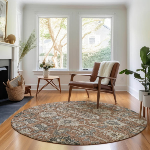 HomeRoots 8' Washable Rust Gray Charcoal Oriental Round Rug with UV Protection for High-Traffic Living Spaces 656666